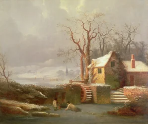 Snölandskap med kvarn och stugor